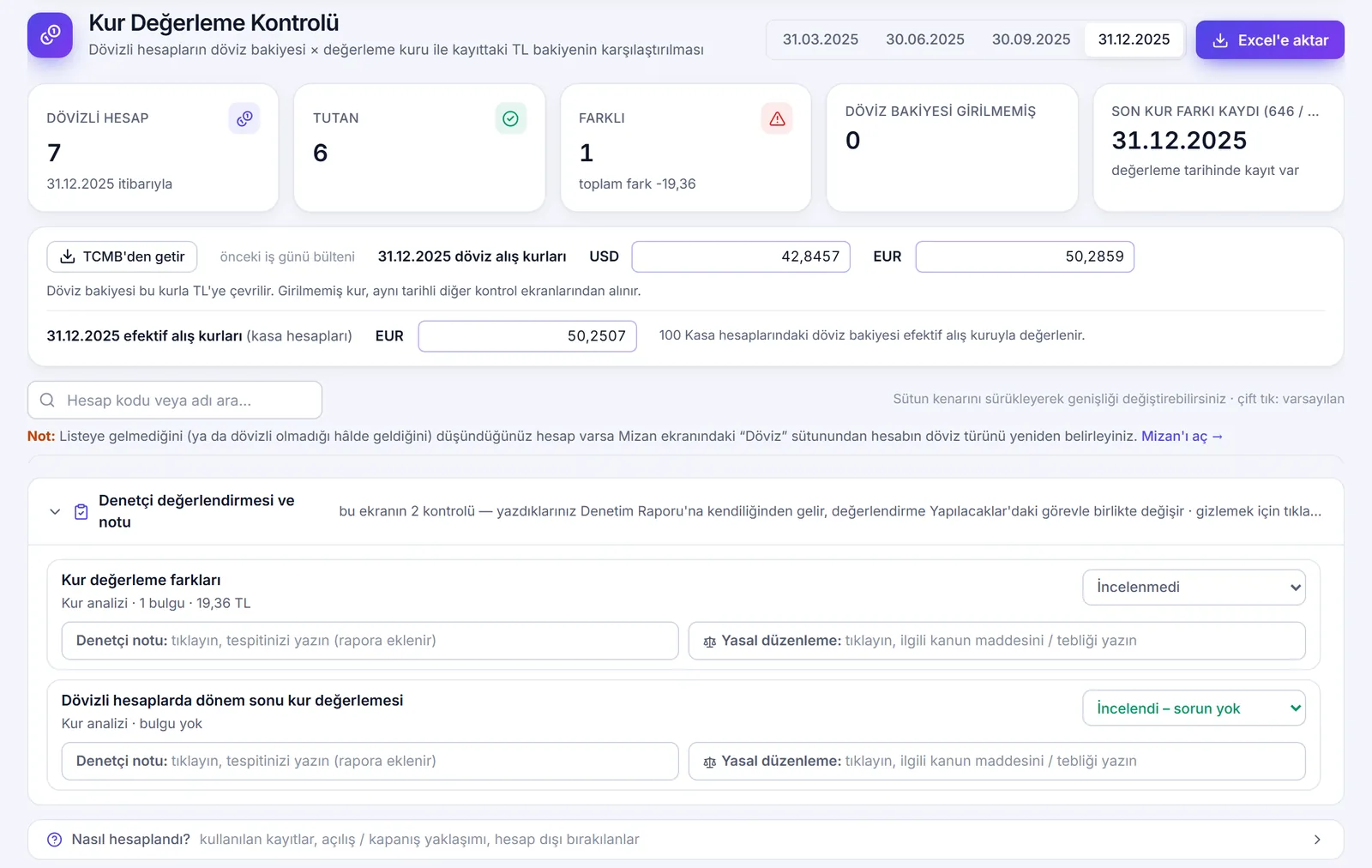 Kur Değerleme Kontrolü ekranı